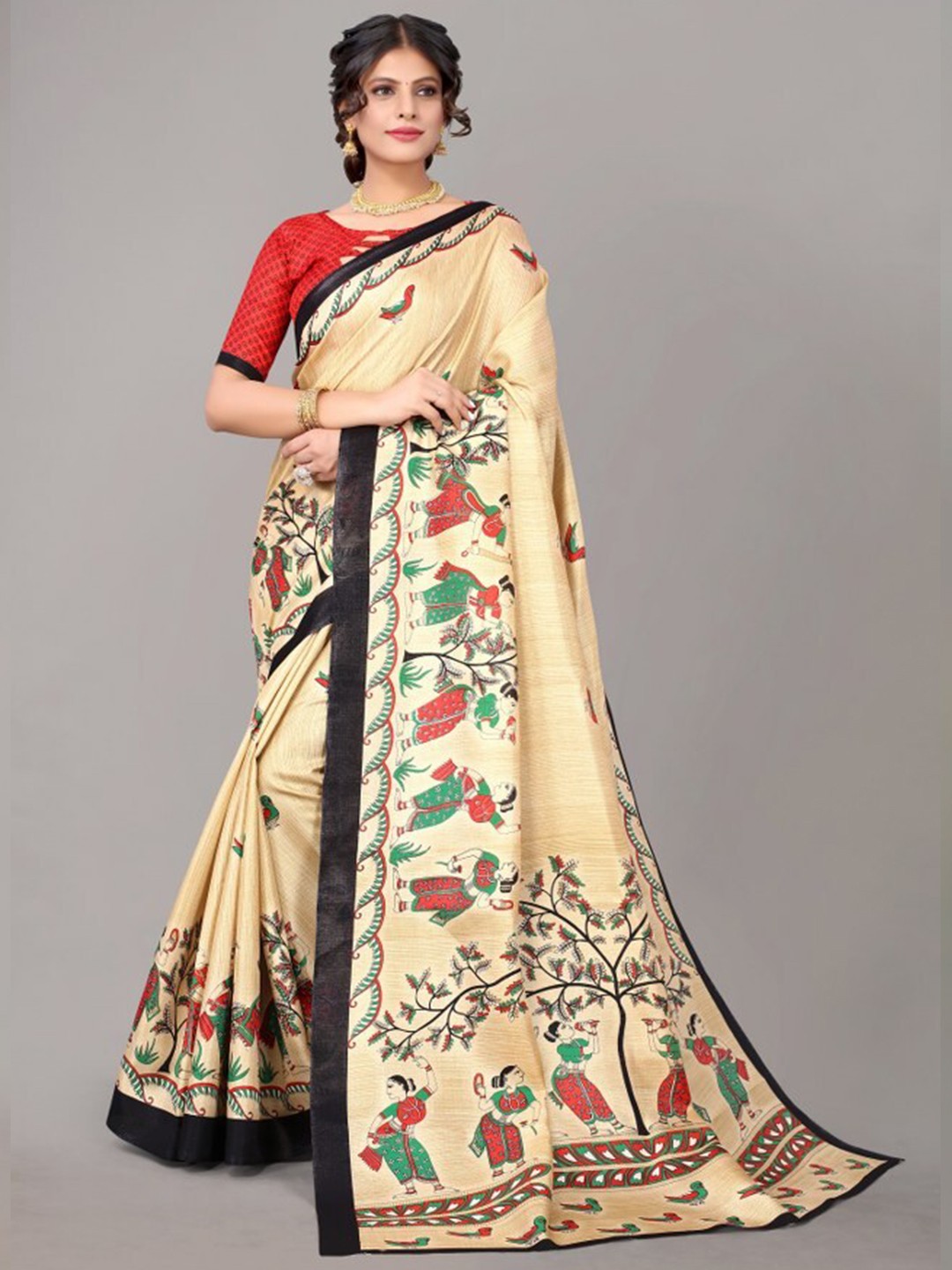 

Yashika Black & Beige Ethnic Motifs Printed Art Silk Saree