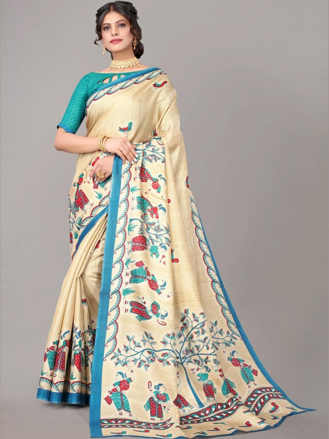 

Yashika Teal & Beige Ethnic Motifs Art Silk Khadi Saree