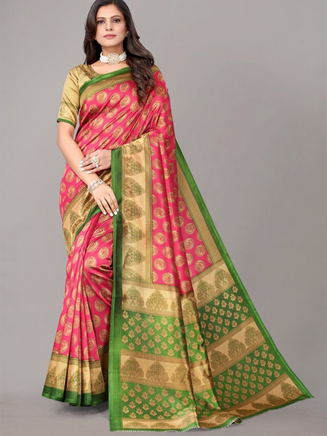 

Yashika Pink & Green Ethnic Motifs Printed Art Silk Saree