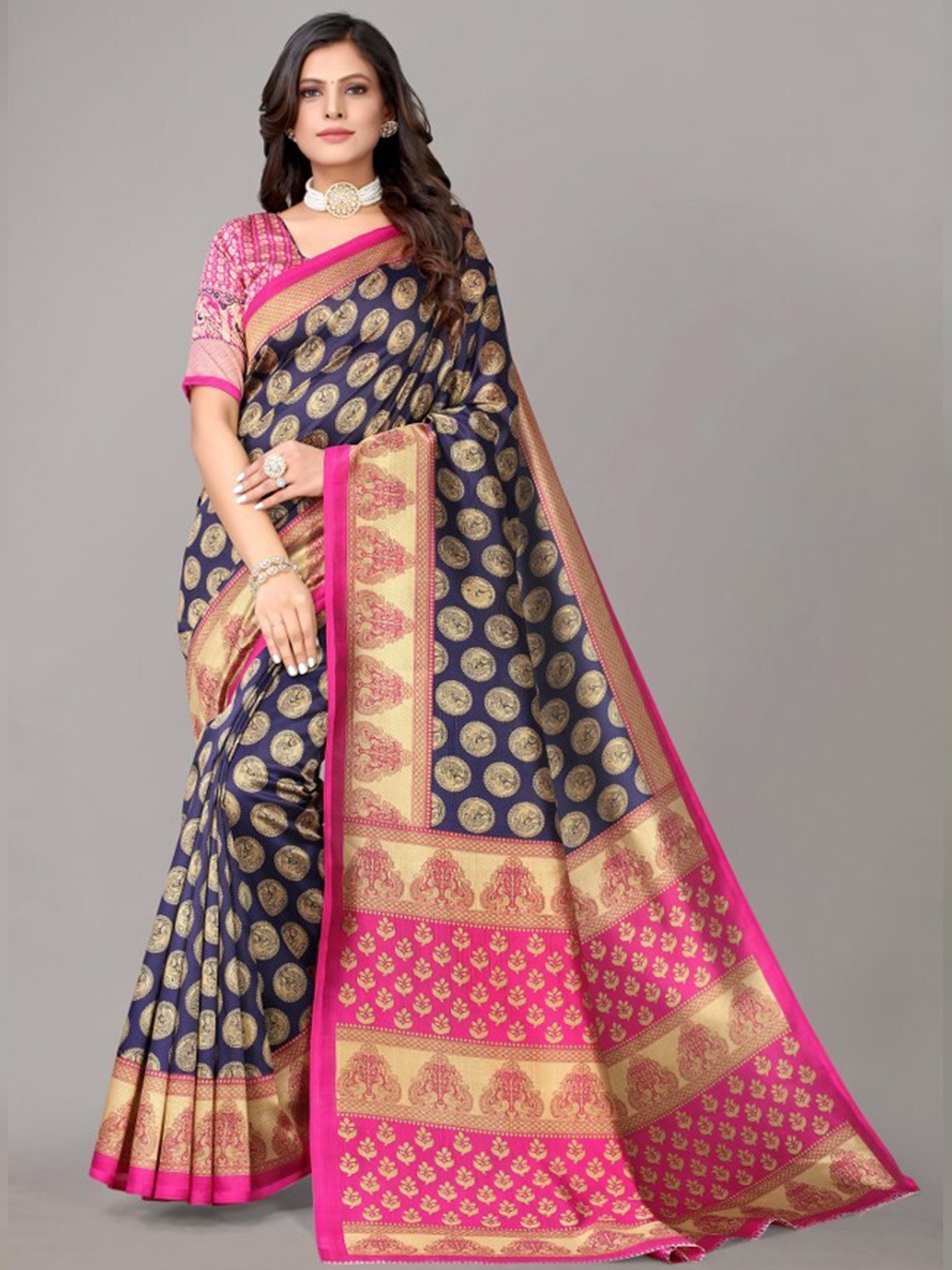 

Yashika Navy Blue & Pink Ethnic Motifs Art Silk Khadi Saree