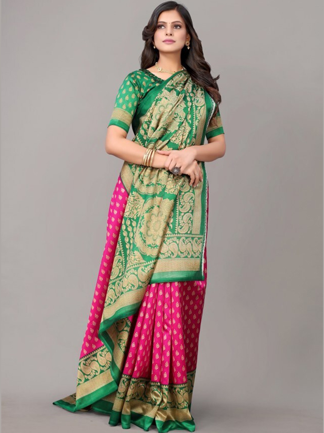 

Yashika Pink & Green Ethnic Motifs Art Silk Khadi Saree