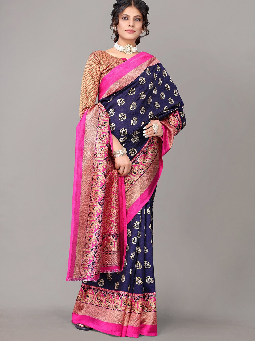 

Yashika Navy Blue & Pink Ethnic Motifs Art Silk Saree