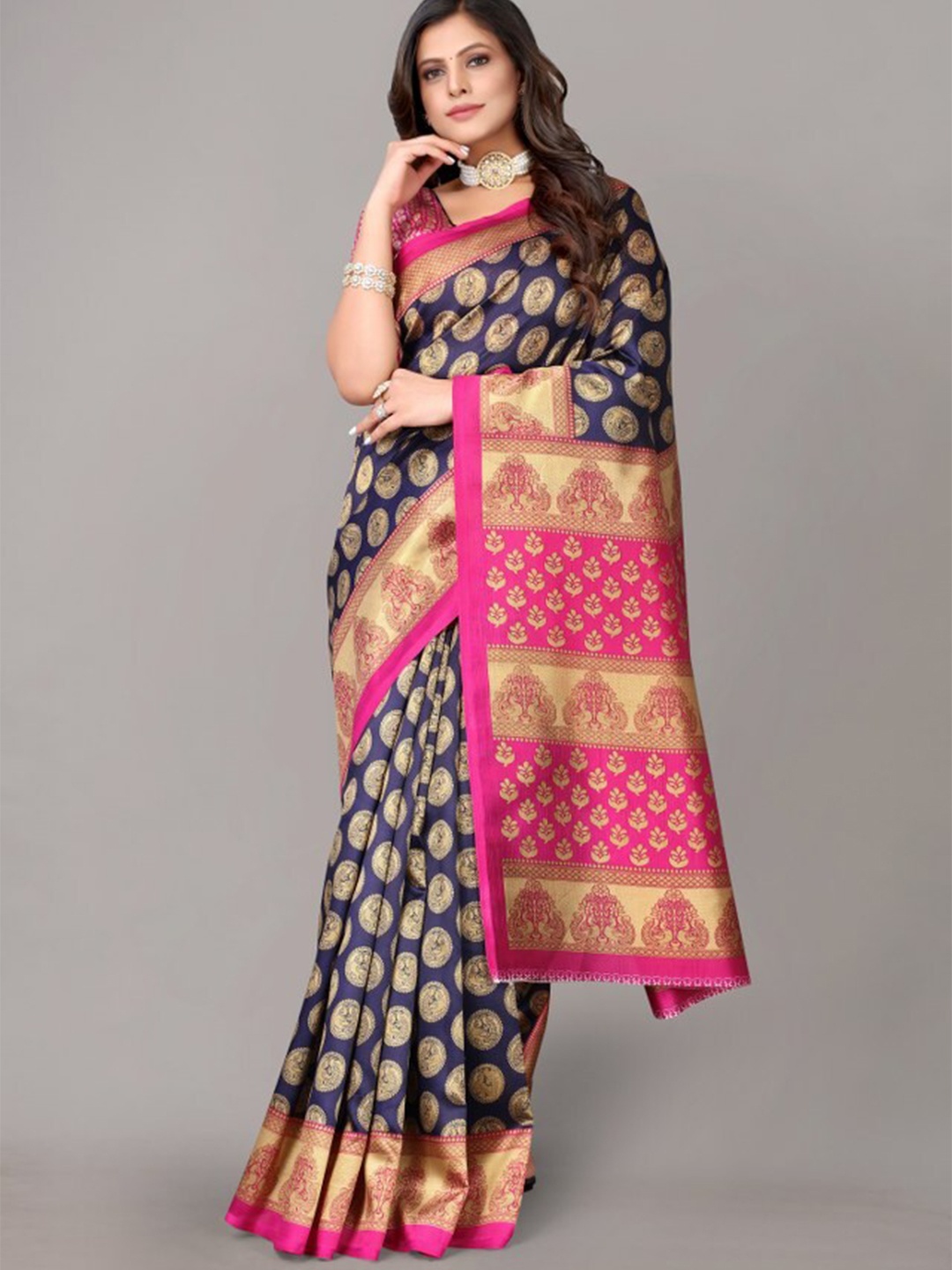 

Yashika Navy Blue & Pink Ethnic Motifs Printed Art Silk Saree