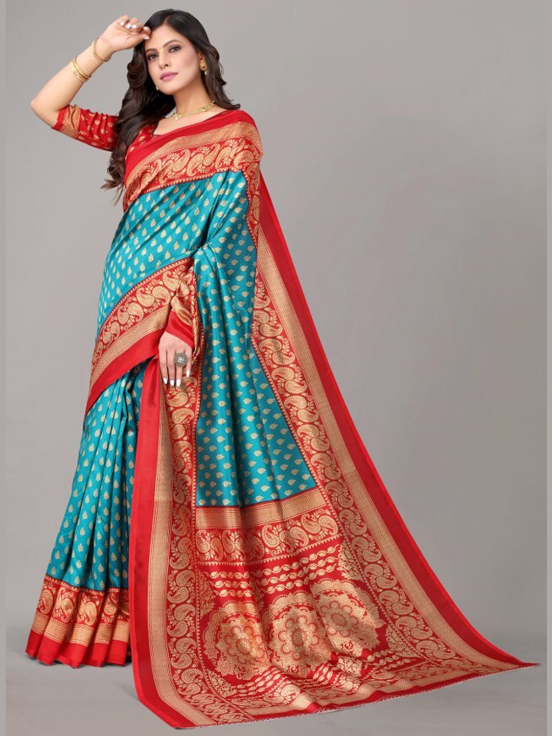 

Yashika Teal & Red Ethnic Motifs Printed Art Silk Saree