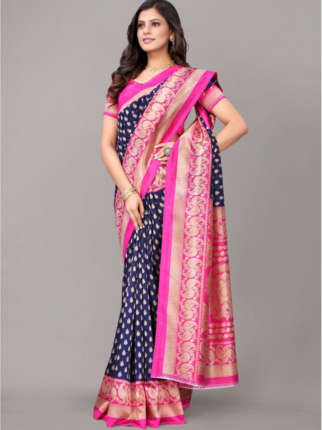 

Yashika Navy Blue & Pink Ethnic Motifs Art Silk Saree