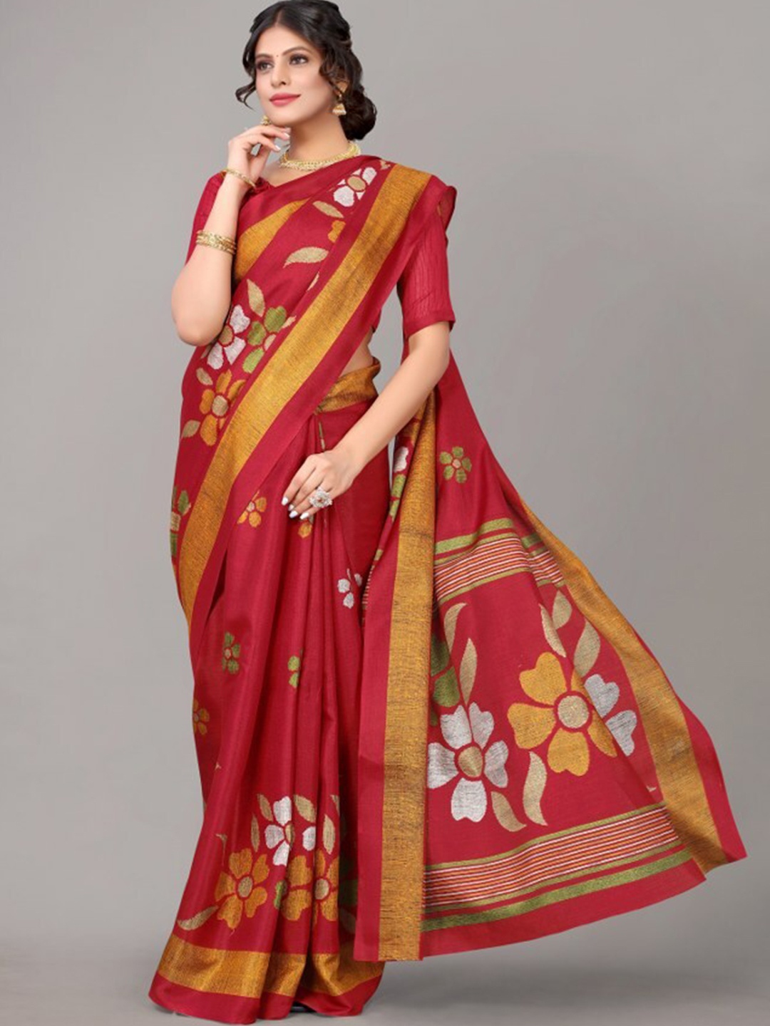 

Yashika Red & White Floral Art Silk Khadi Saree