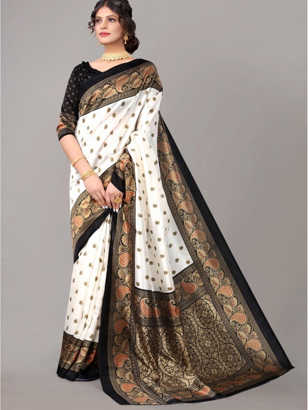 

Yashika Black & White Ethnic Motifs Art Silk Khadi Saree