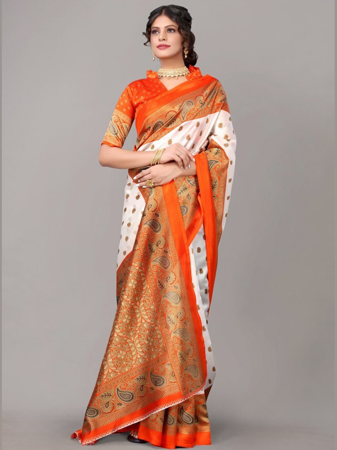 

Yashika Orange & White Ethnic Motifs Printed Art Silk Saree