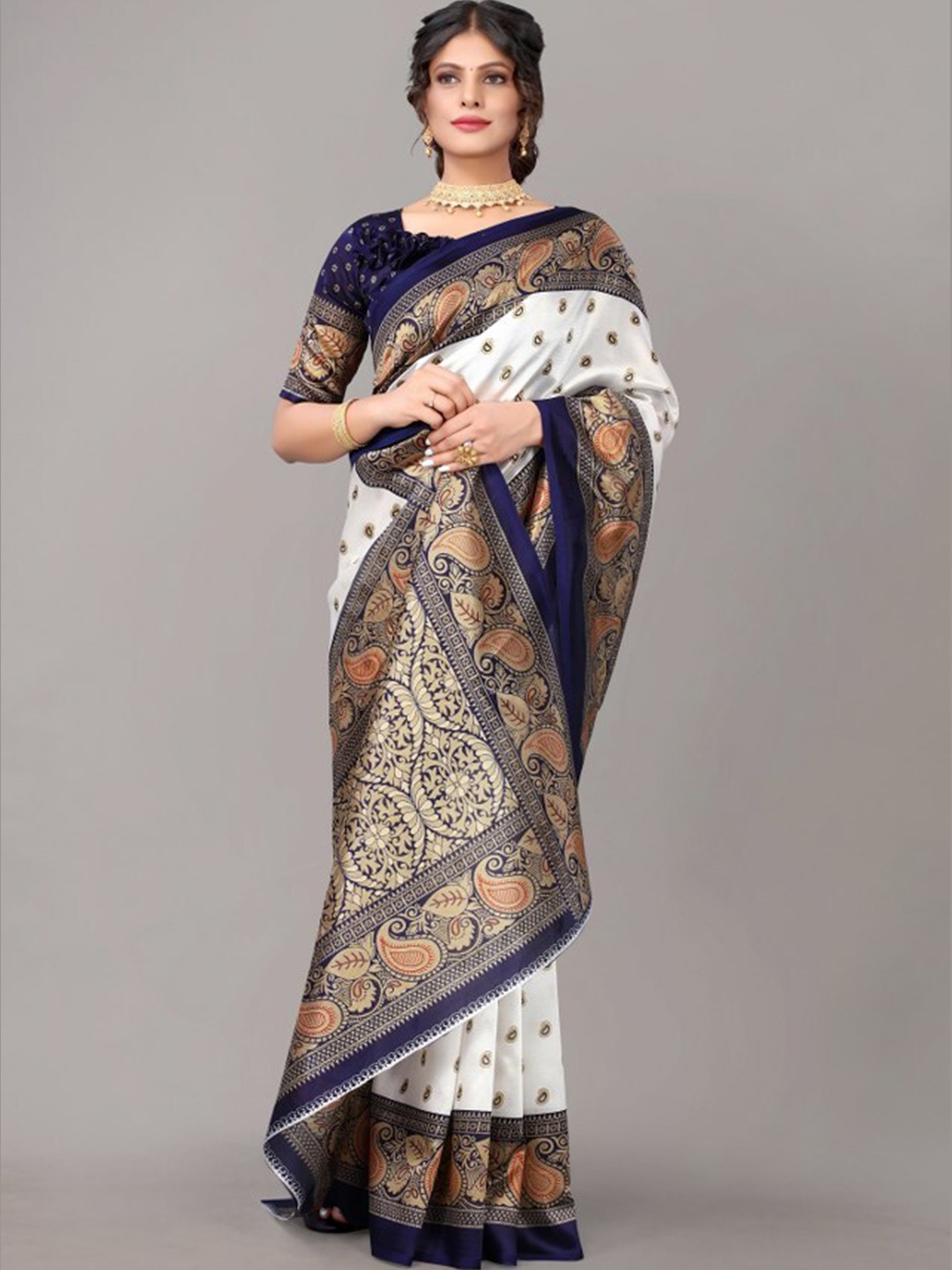 

Yashika Navy Blue & White Ethnic Motifs Art Silk Khadi Saree