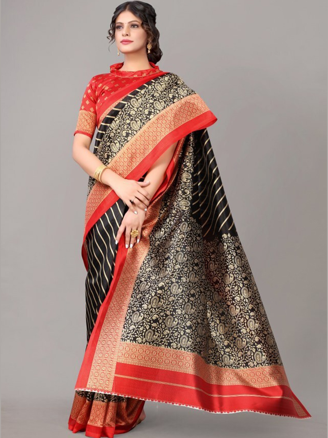 

Yashika Black & Red Ethnic Motifs Art Silk Saree