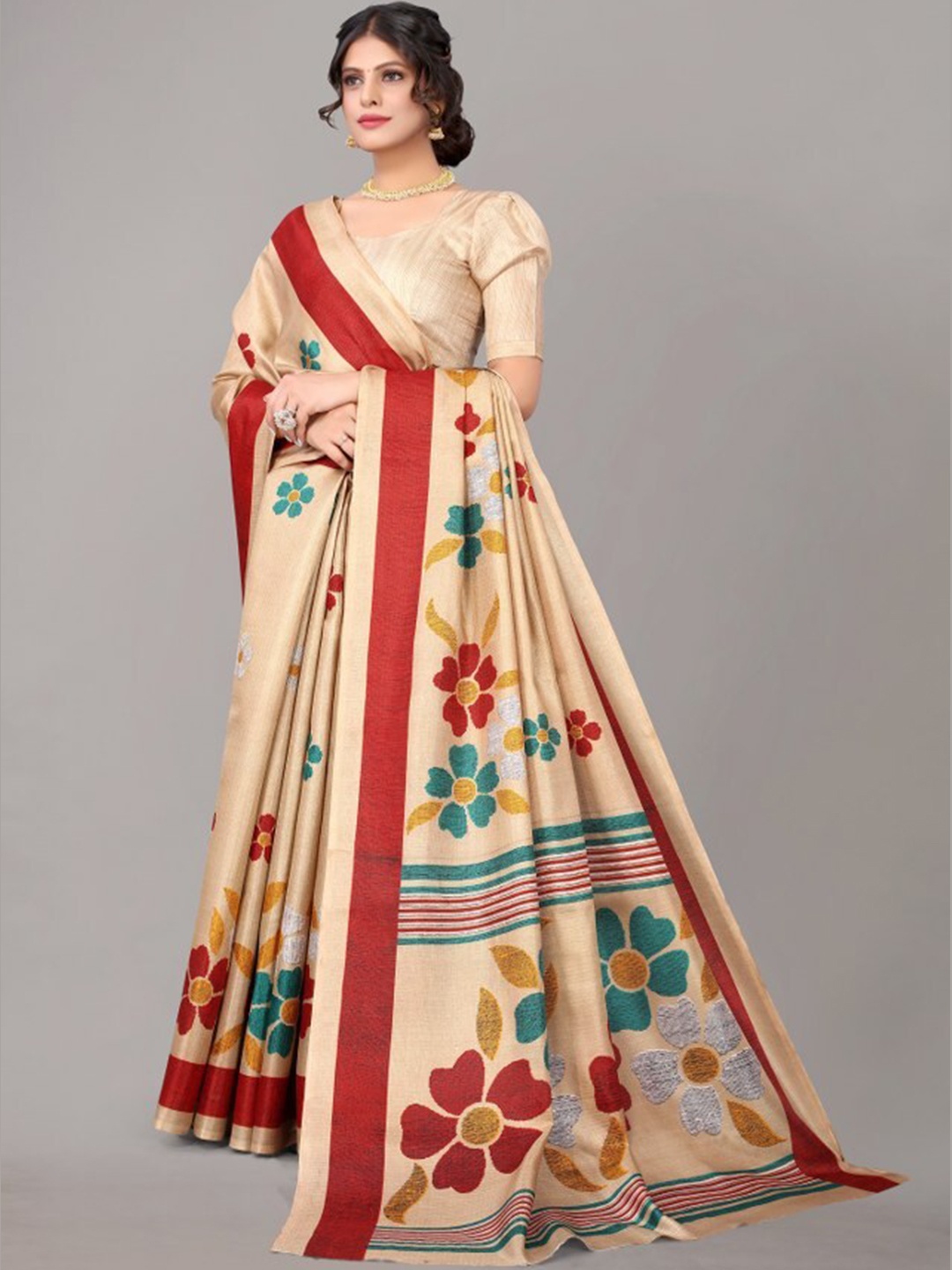 

Yashika Cream-Coloured & Maroon Ethnic Motifs Art Silk Saree