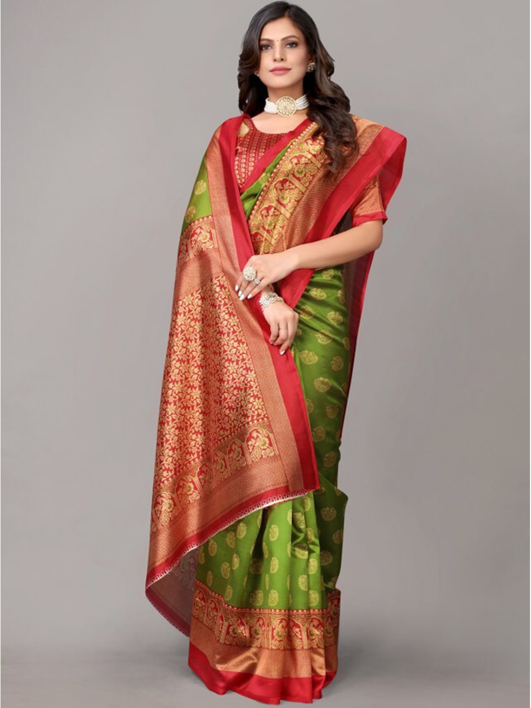 

Yashika Green & Red Ethnic Motifs Printed Art Silk Saree