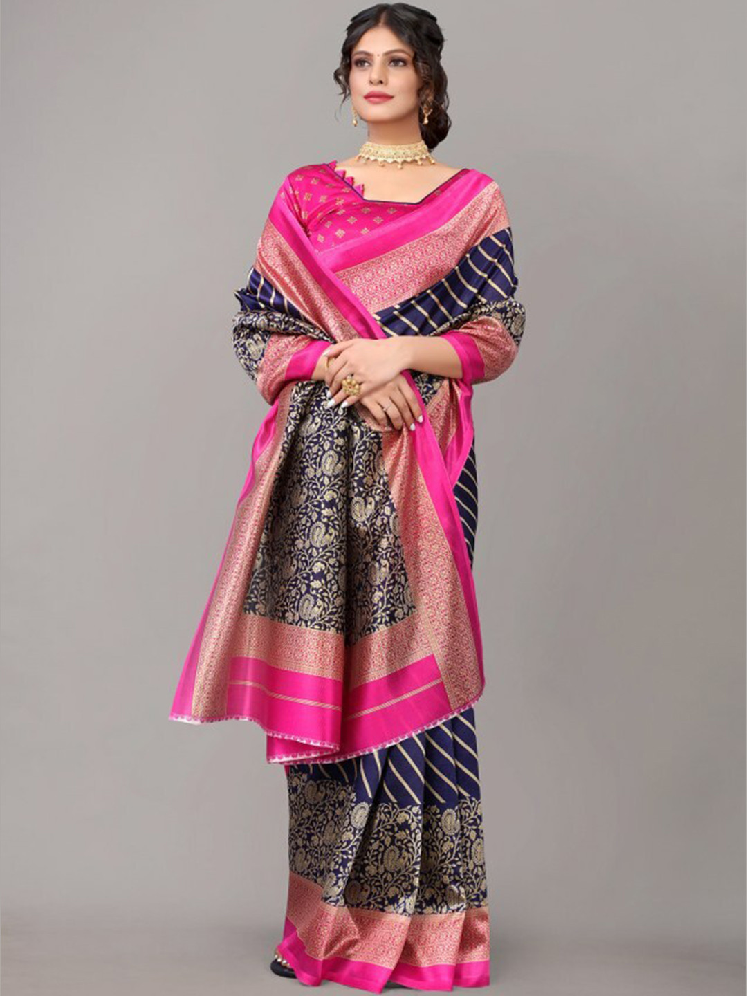 

Yashika Navy Blue & Pink Ethnic Motifs Art Silk Khadi Saree