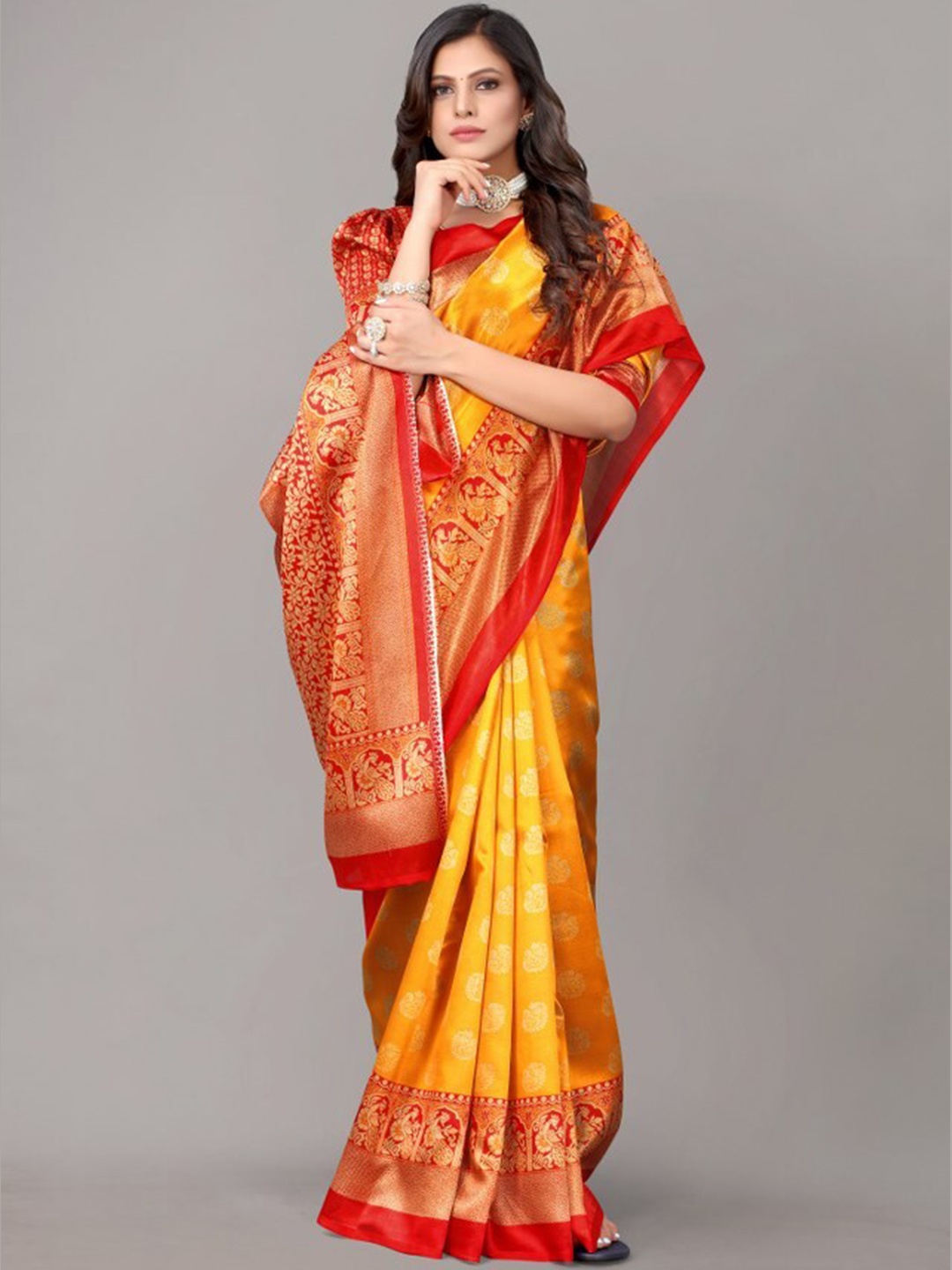 

Yashika Mustard & Red Kalamkari Art Silk Saree