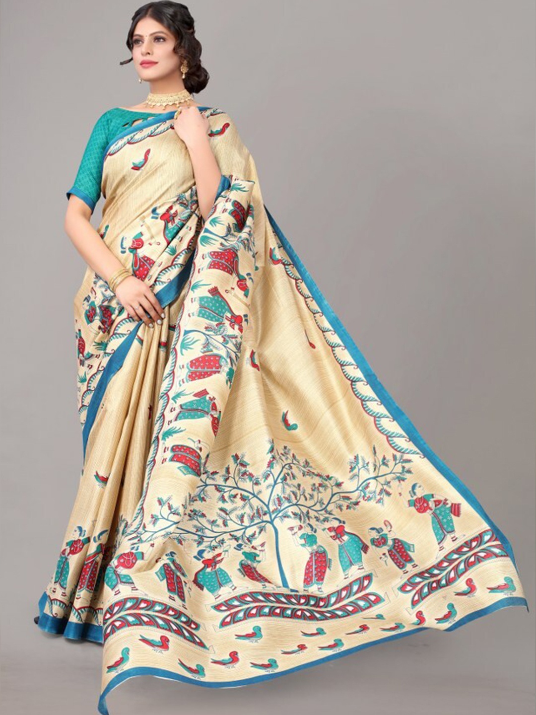 

Yashika Teal & Beige Ethnic Motifs Art Silk Khadi Saree