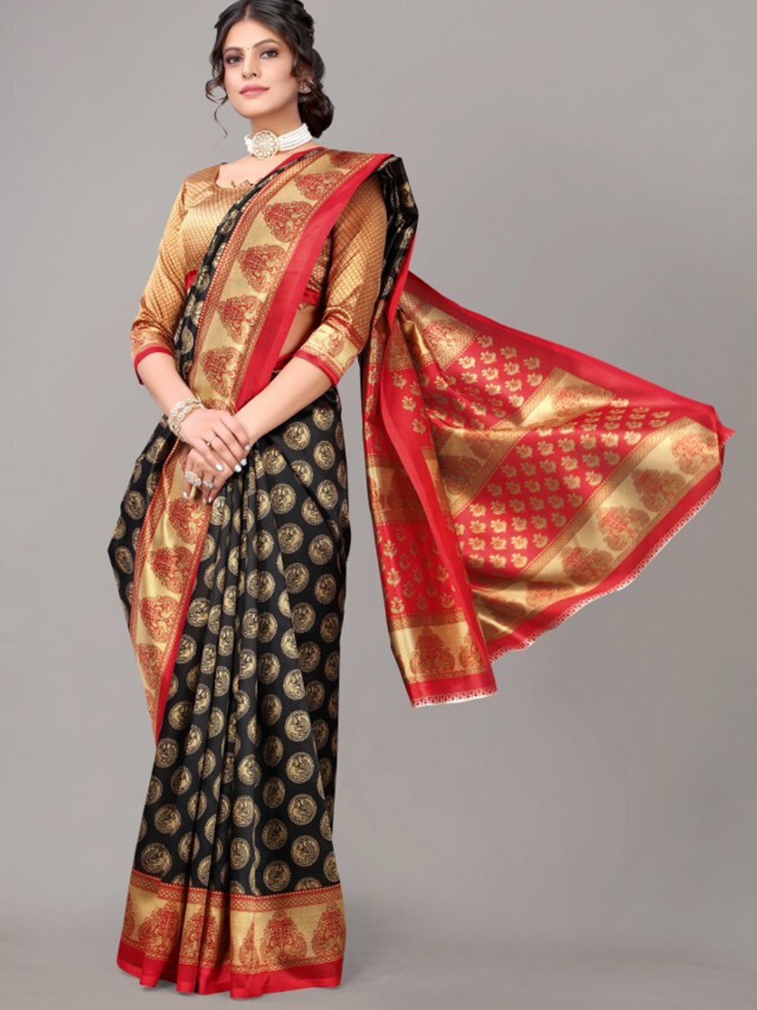 

Yashika Black & Red Woven Design Art Silk Khadi Saree