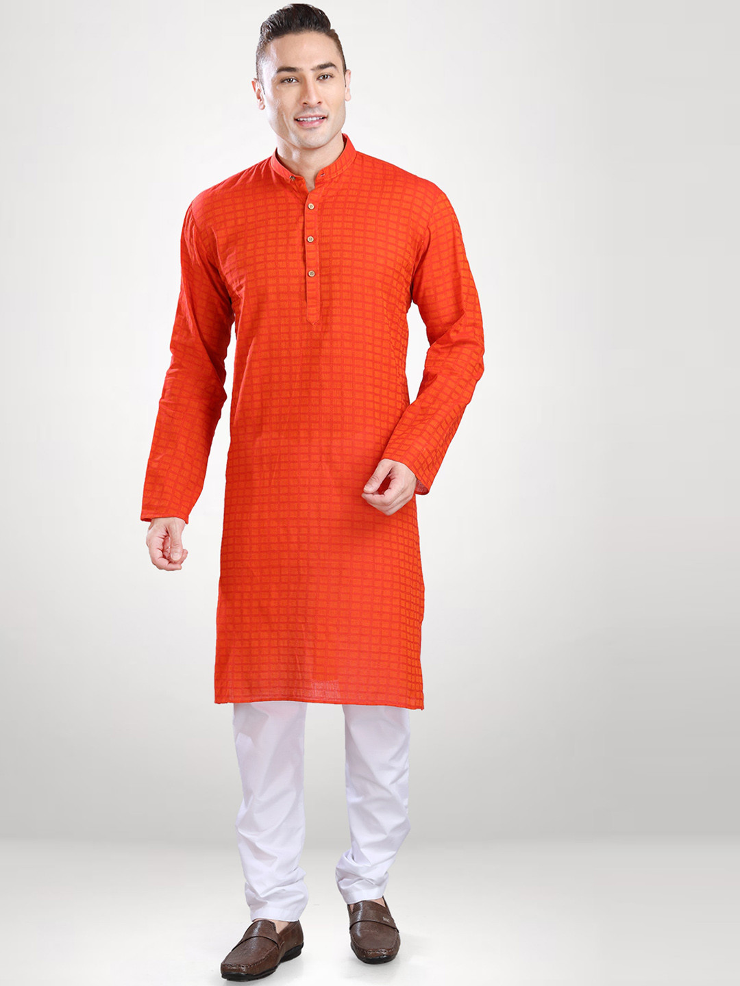 

RG DESIGNERS Men Orange Checked Straight Kurta with Pyjamas