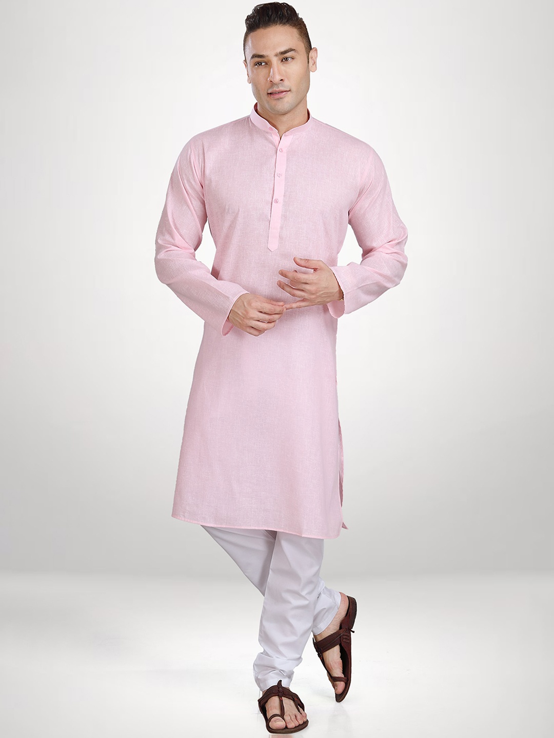

RG DESIGNERS Men Pink Solid Linen Kurta with Pyjamas