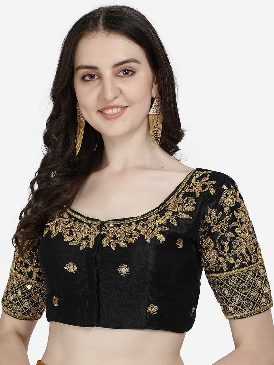 

Mesmore Women Black Embroidered Silk Saree Blouse