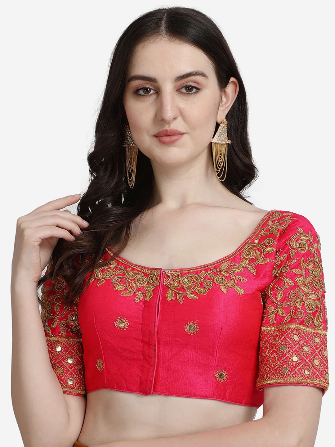 

Mesmore Women Pink & Golden Embroidered Saree Blouse