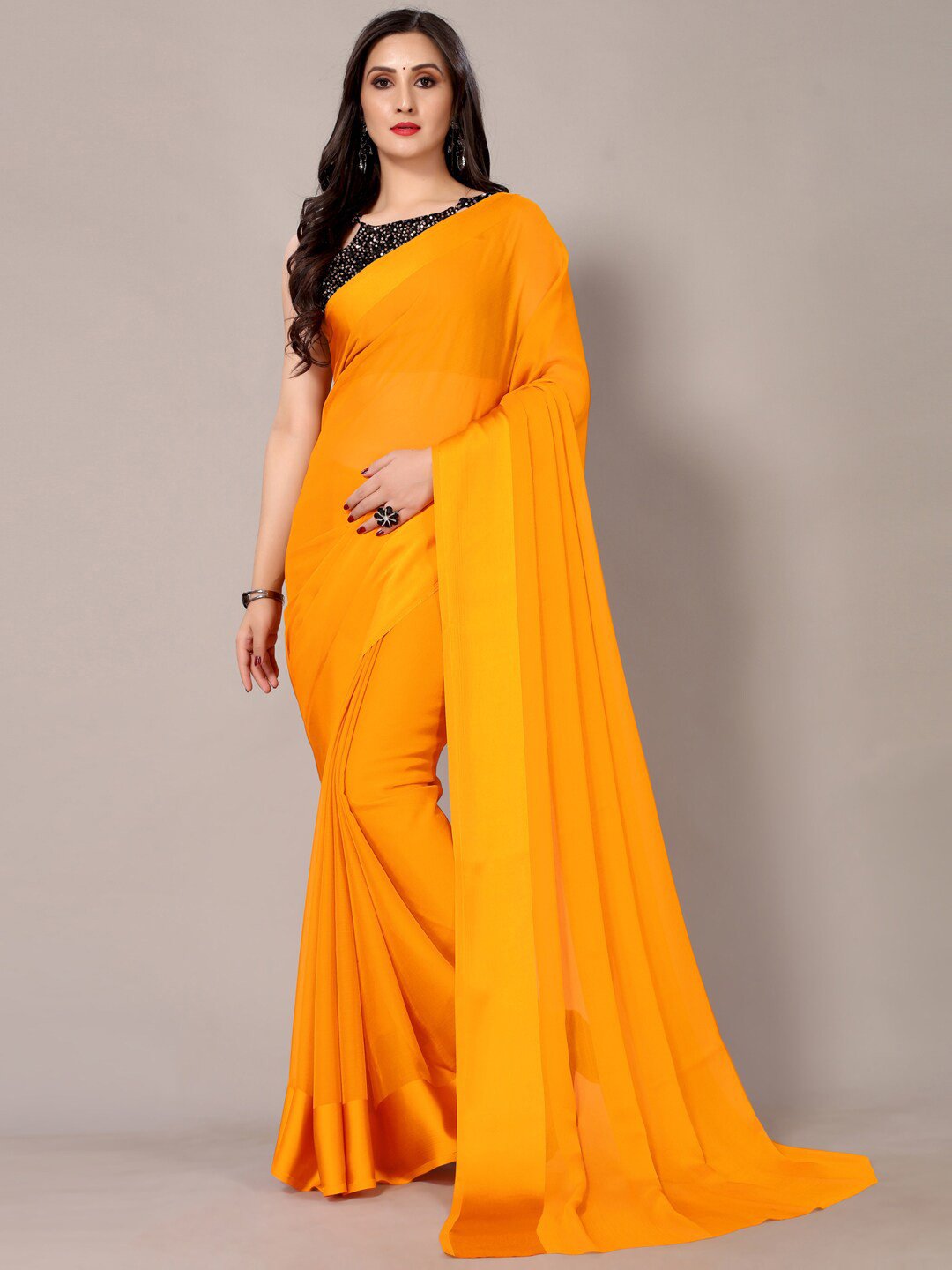 

HRITIKA Yellow Solid Chiffon Saree