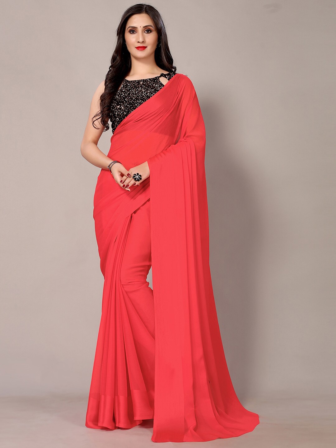 

HRITIKA Fuchsia & Black Sequinned Saree