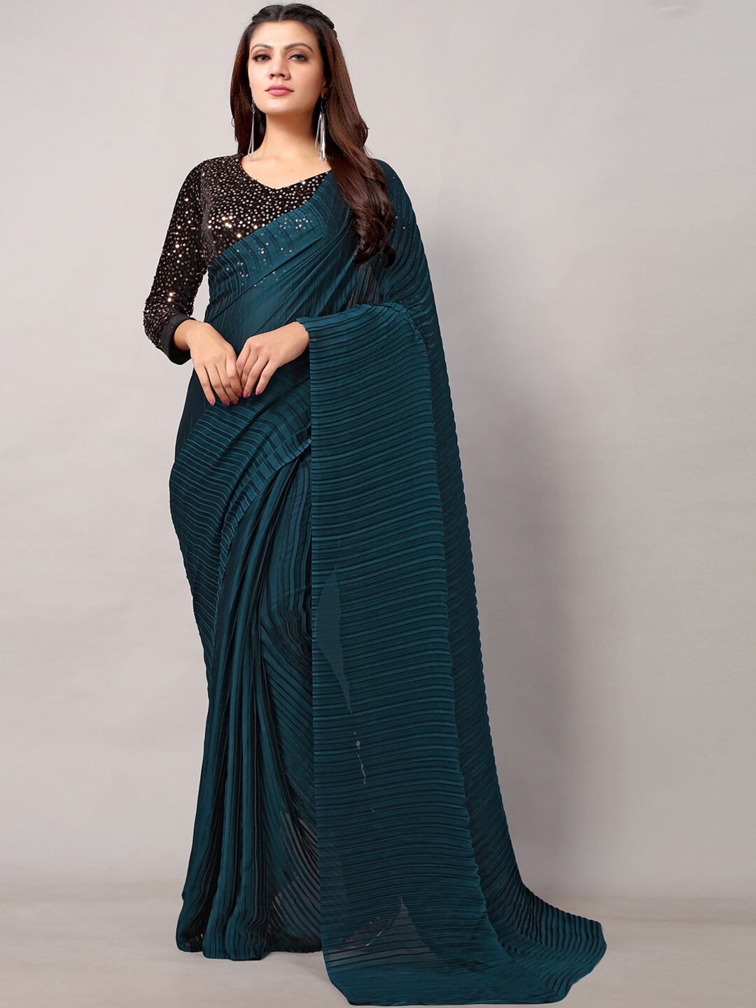 

HRITIKA Teal Blue Sequinned Silk Blend Saree