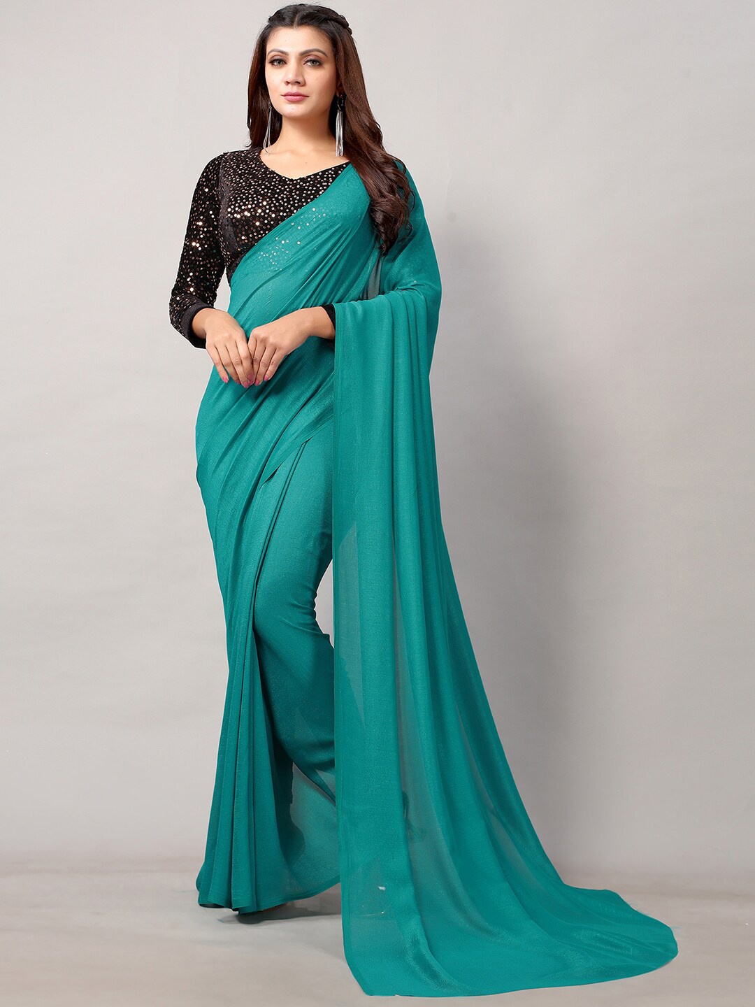 

HRITIKA Sea Green Sequinned Silk Blend Saree