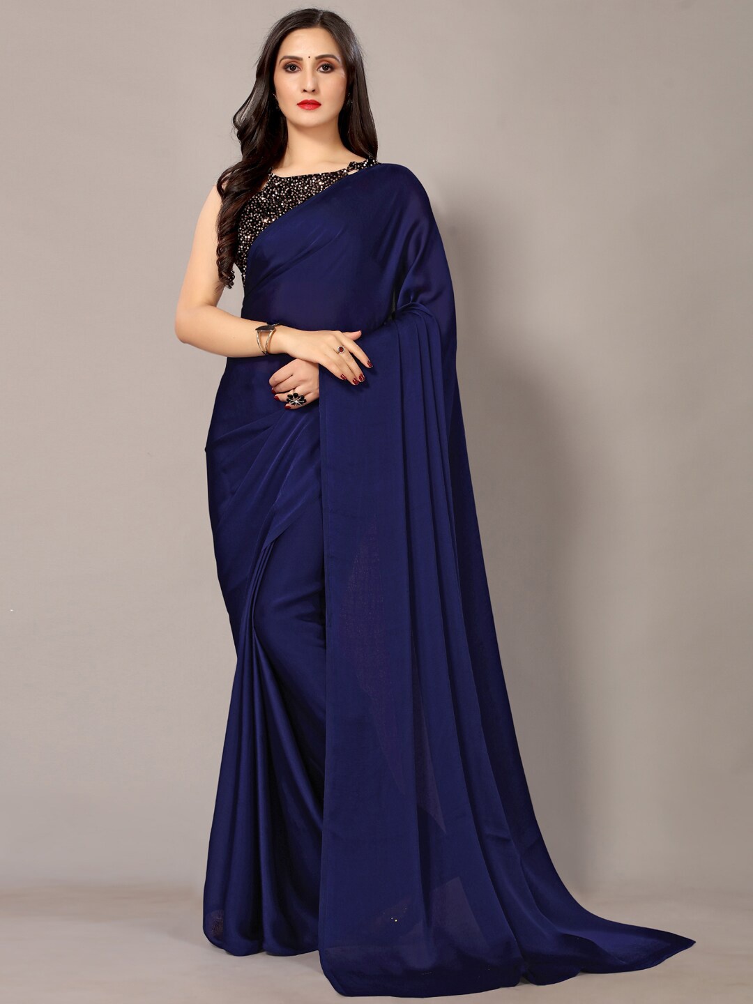 

HRITIKA Navy Blue Satin Saree