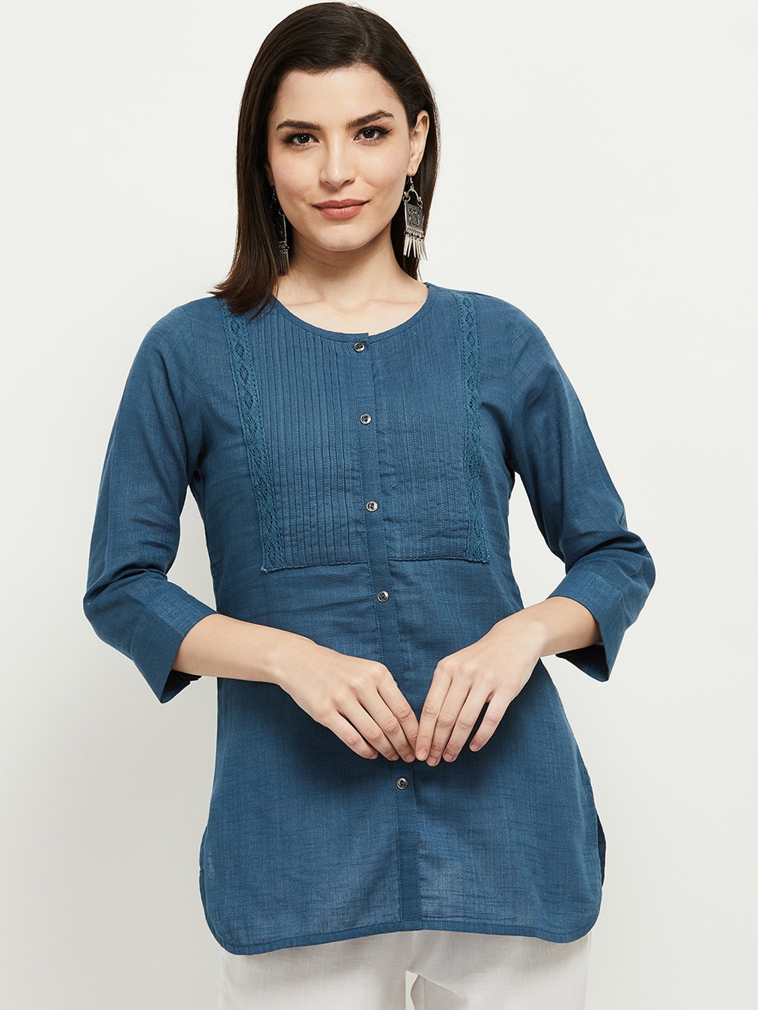 

max Women Navy Blue Embroidered Cotton Tunic