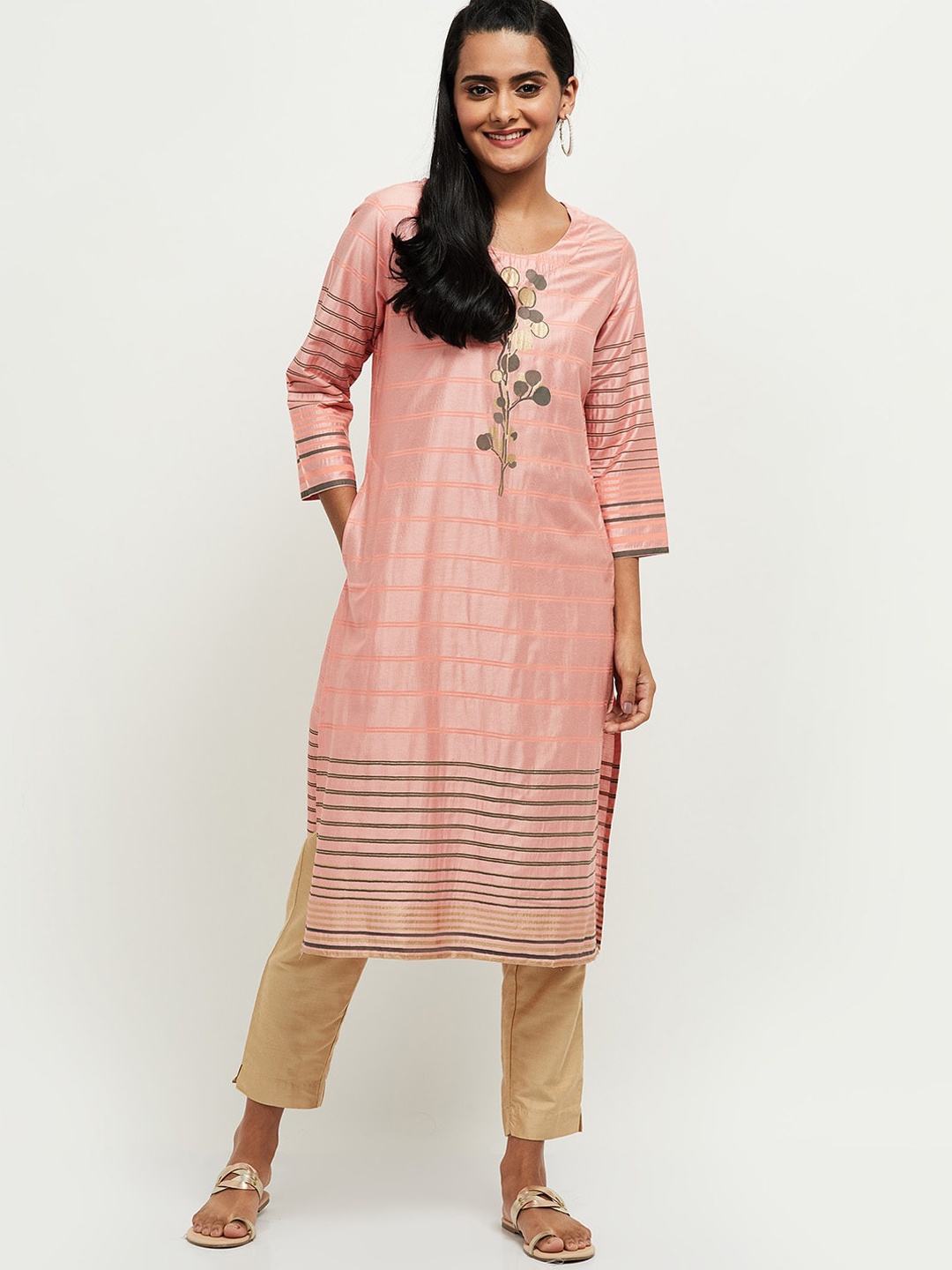 

max Women Coral & Black Striped Straight Kurta