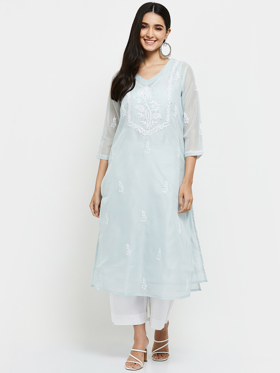 

max Women Blue Ethnic Motifs Embroidered Chikankari Kurta