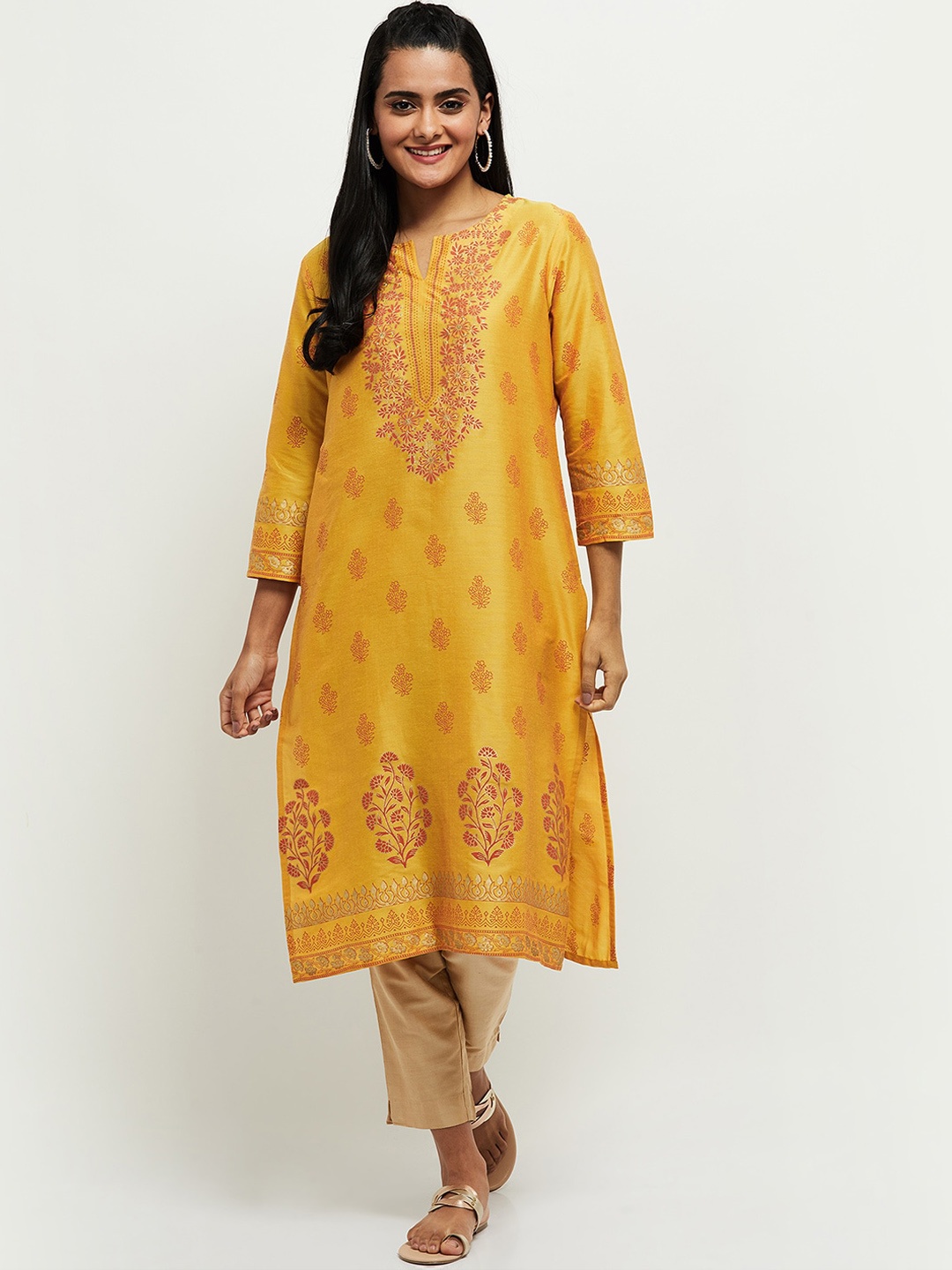 

max Women Mustard Yellow Ethnic Motifs Printed Kurta