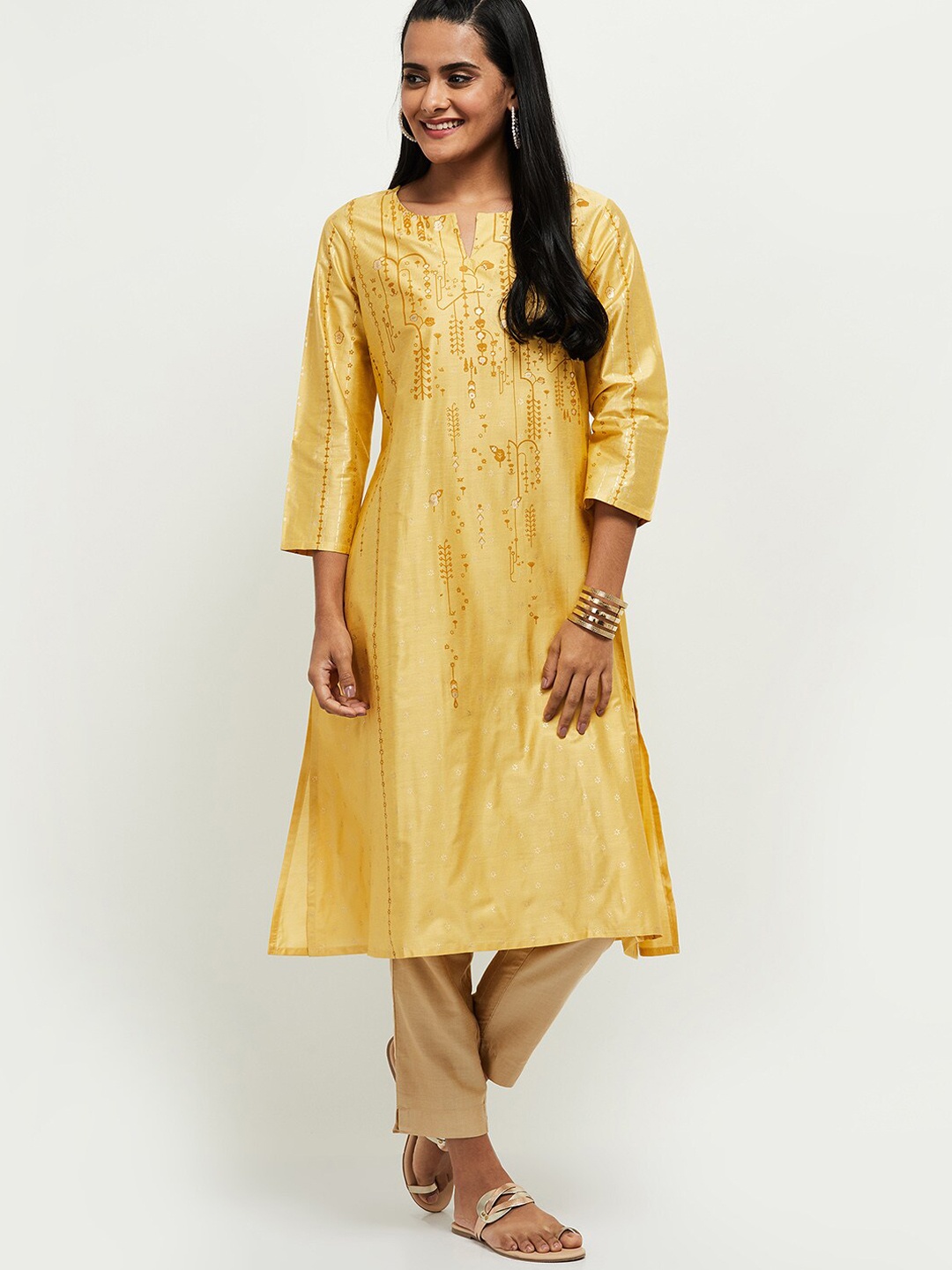 

max Mustard Yellow Ethnic Motifs Printed Straight Kurta