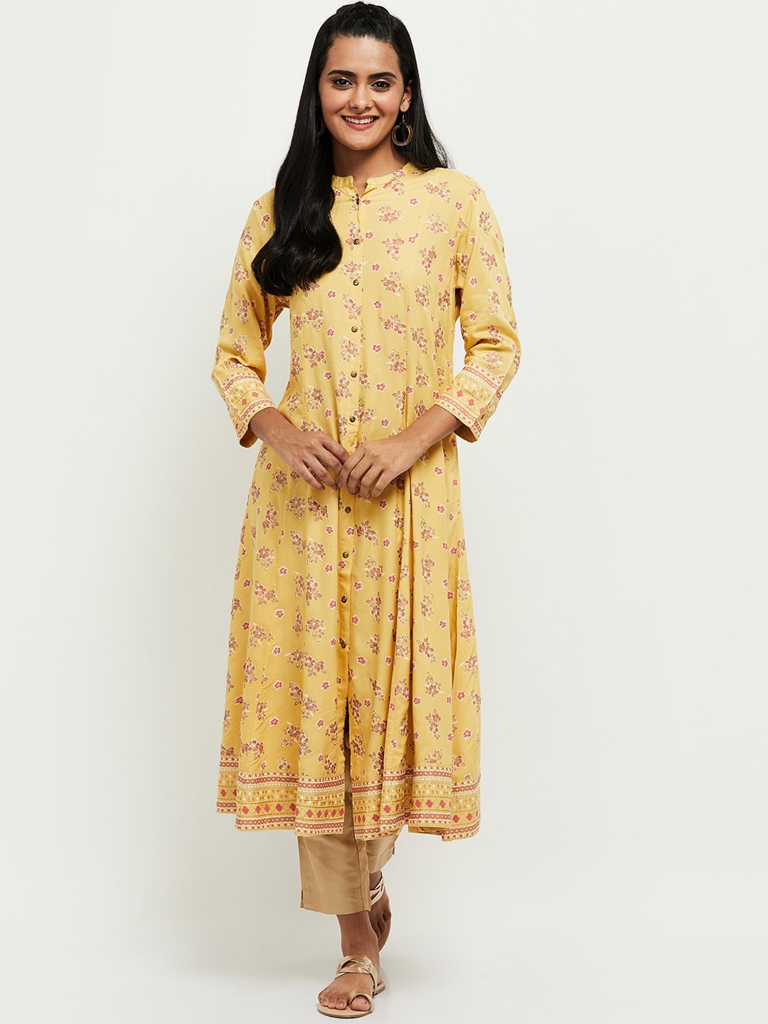 

max Women Mustard Yellow Floral Printed Anarkali Kurta