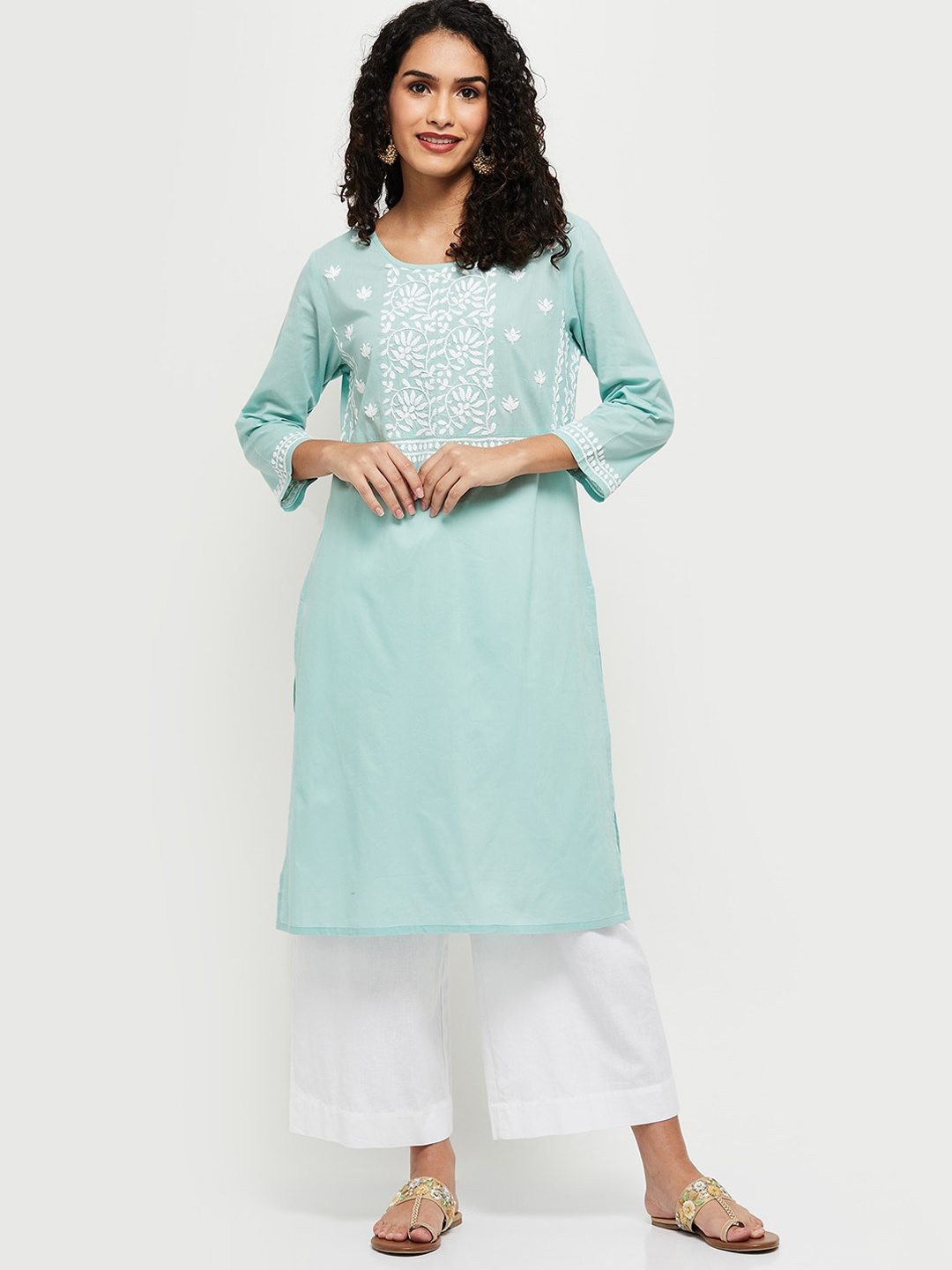 

max Women Sea Green Floral Embroidered Thread Work Kurta