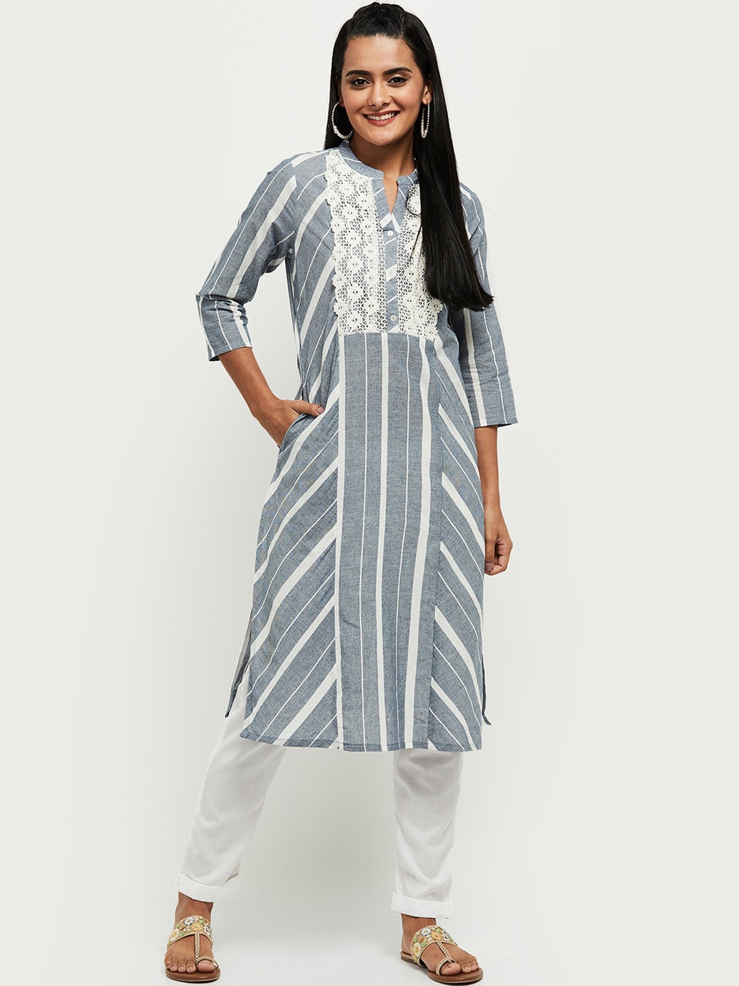 

max Women Grey Striped Cotton Kurta