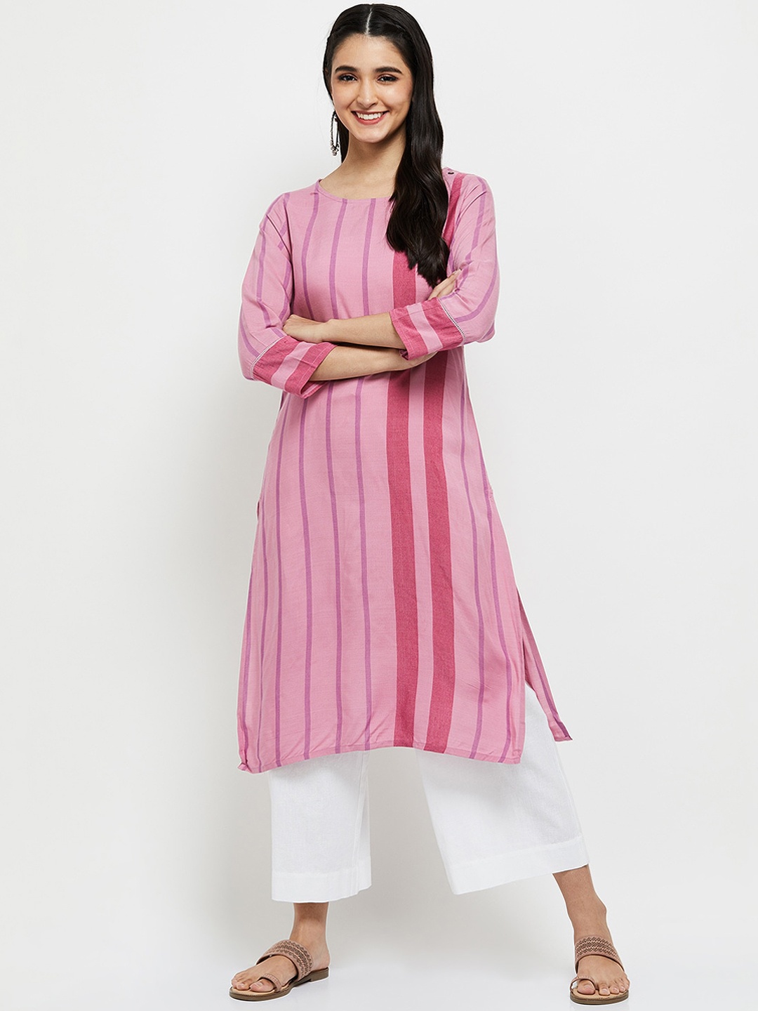 

max Women Pink Striped Kurta