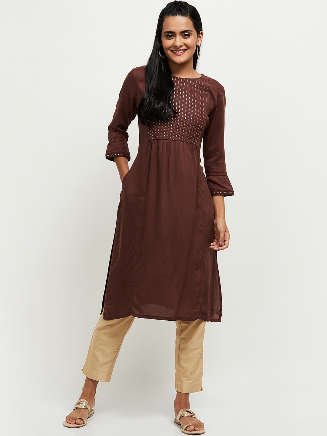 

max Women Maroon Yoke Design Sequined Kurta