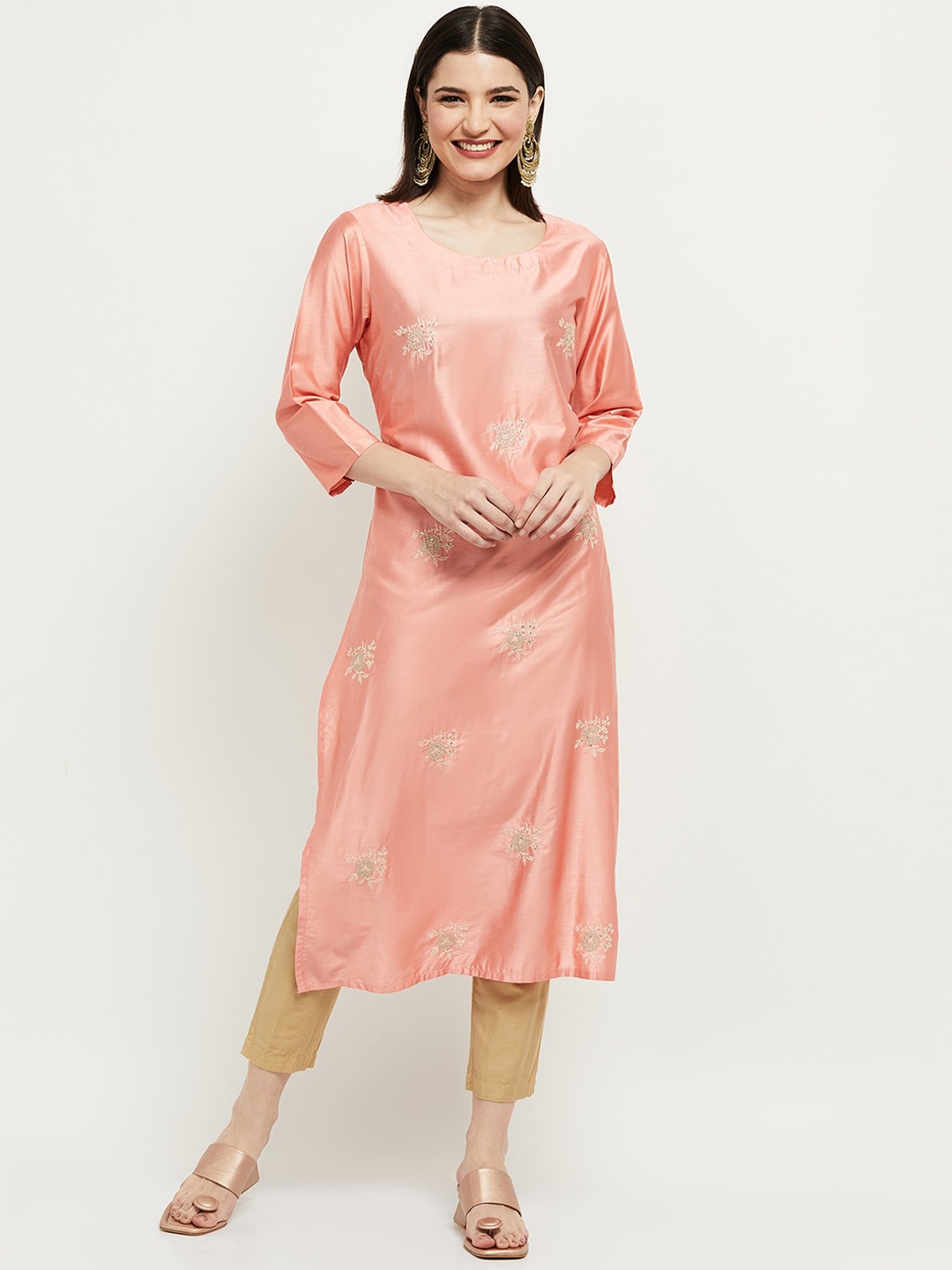 

max Peach-Coloured Floral Embroidered Kurta