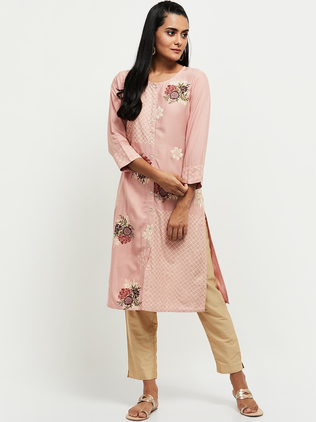 

max Women Pink Floral Embroidered Thread Work Kurta