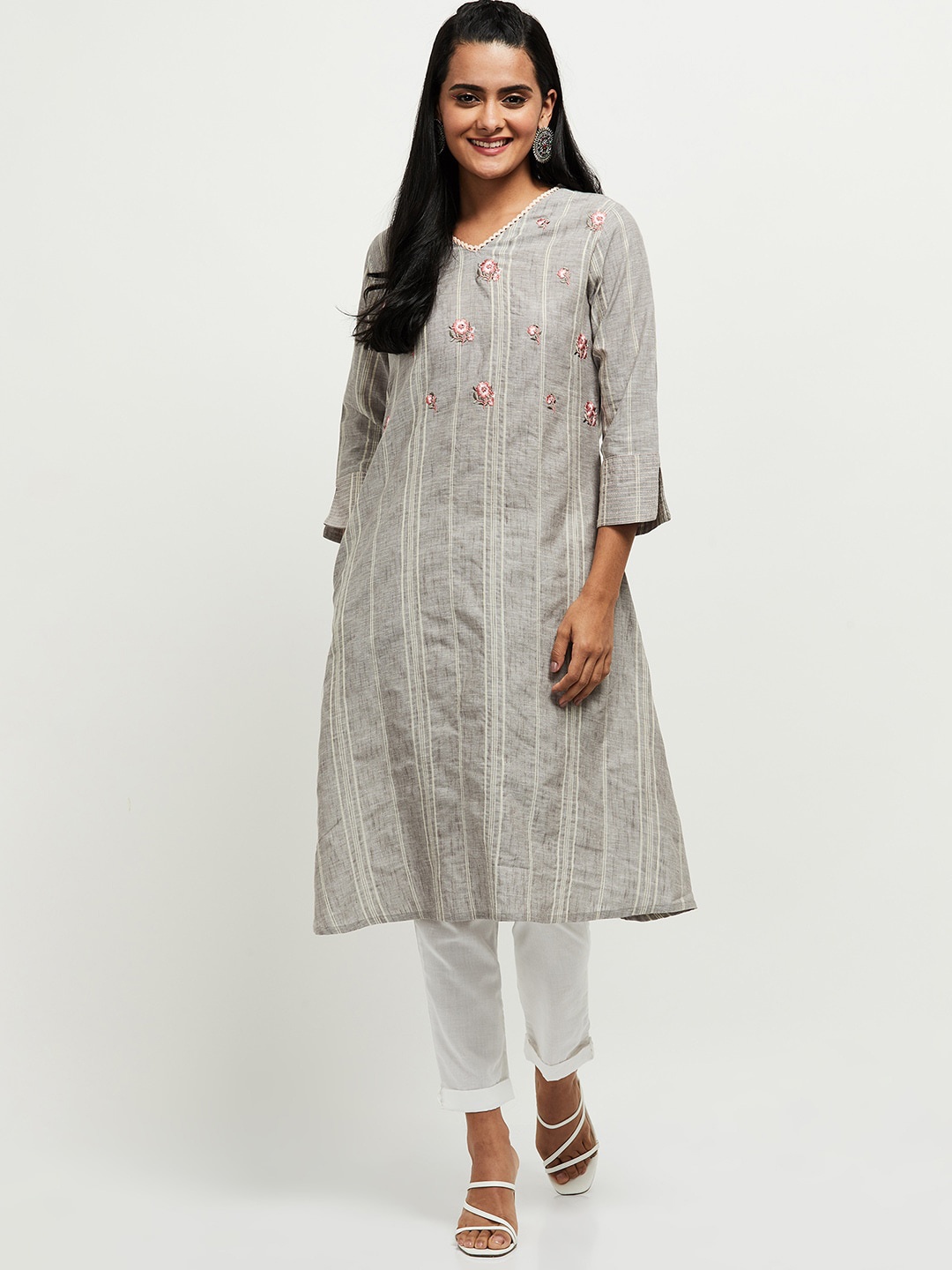 

max Women Grey & Beige Striped Kurta