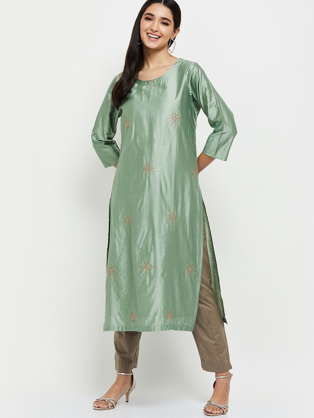 

max Women Green Ethnic Motifs Embroidered Thread Work Kurta