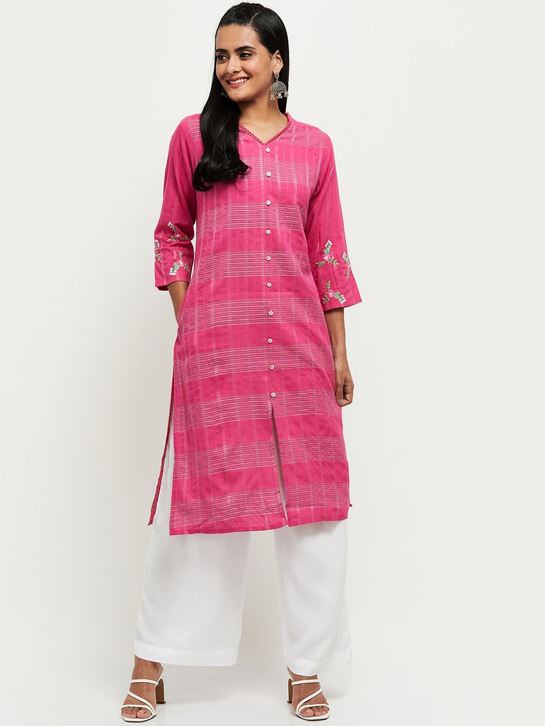 

max Women Pink Striped Embroidered Detail Kurta
