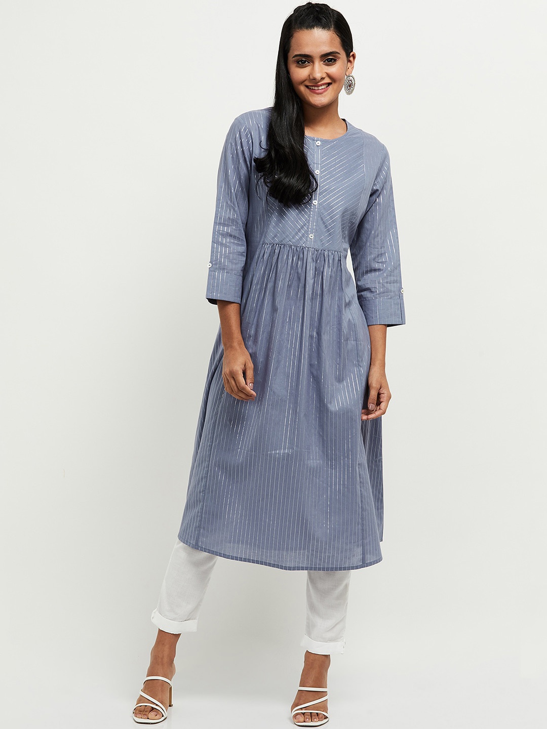 

max Women Blue Striped A-line Kurta
