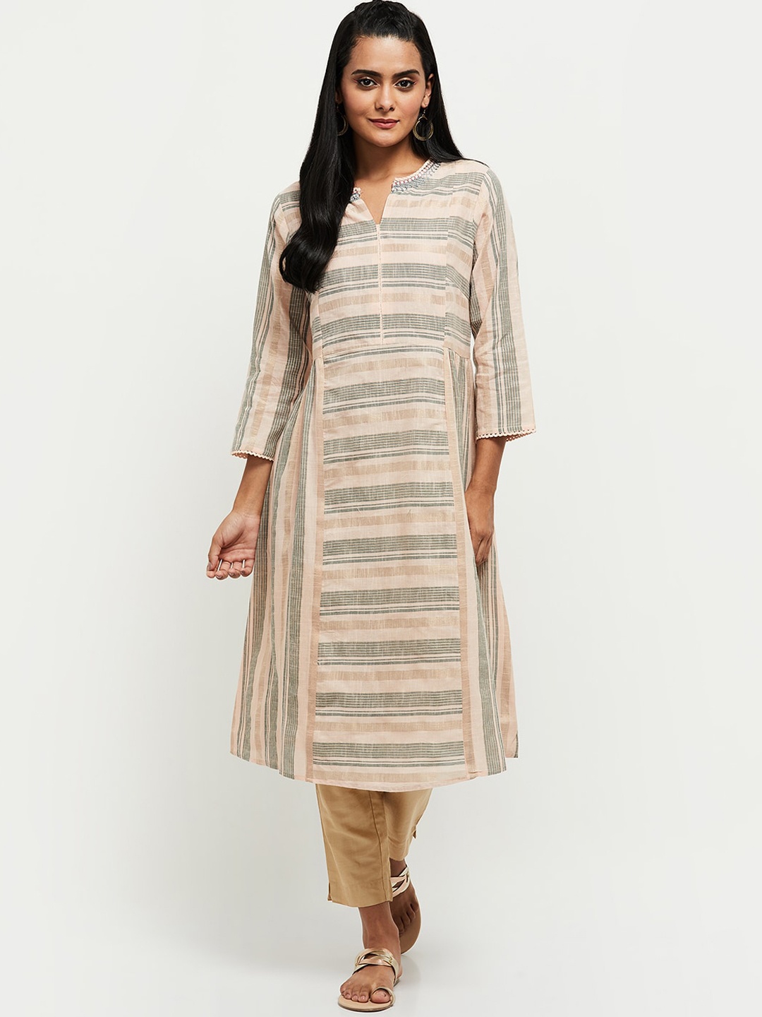 

max Peach-Coloured Striped Thread Work Kurta