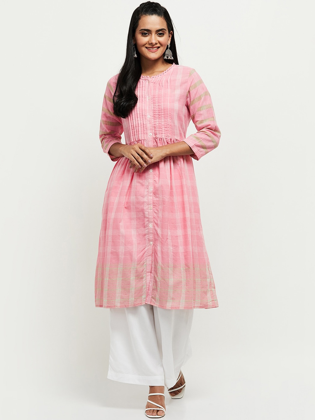 

max Women Pink & White Geometric Cotton A-line Kurta