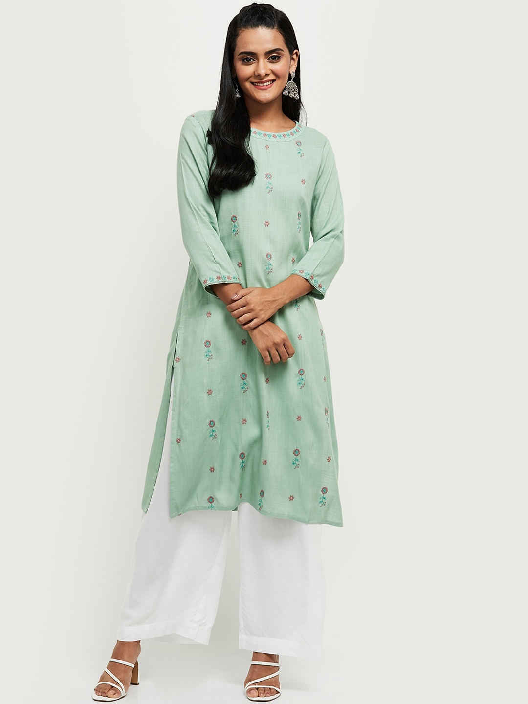 

max Women Green & Pink Floral Embroidered Thread Work Kurta