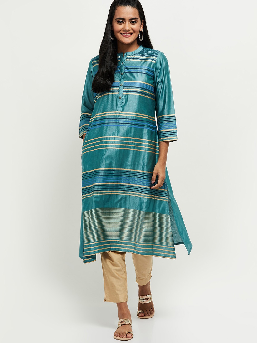 

max Women Blue & Beige Striped Kurta