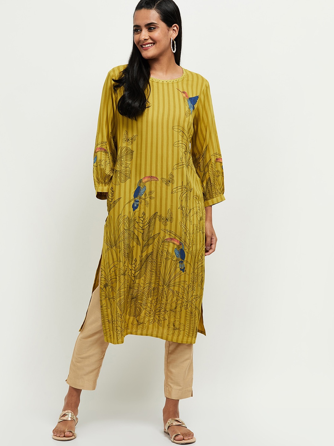 

max Women Yellow & Blue Floral Striped Kurta